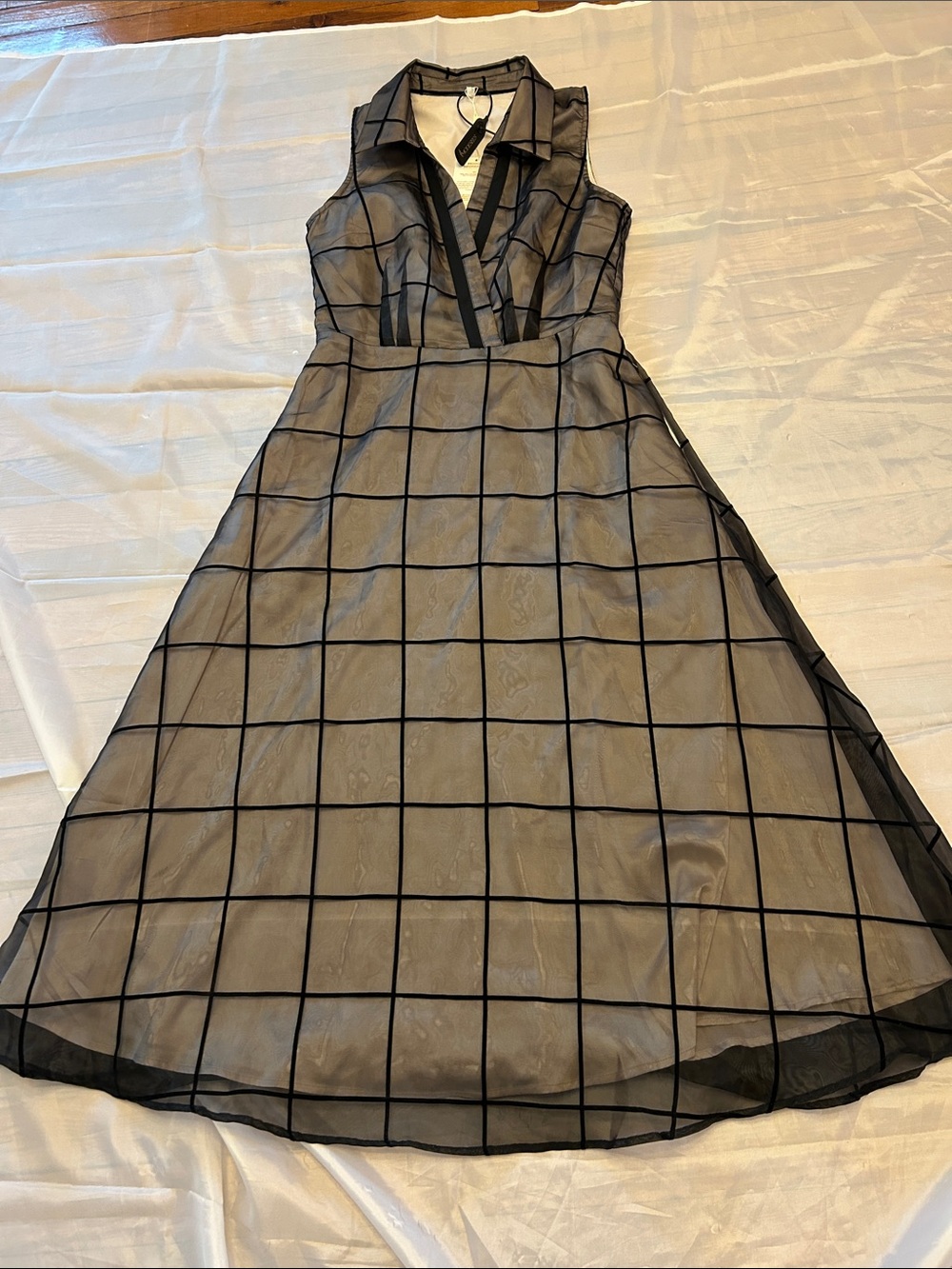 Sleeveless Black Grid Maxi Dress with Collared V-Neck